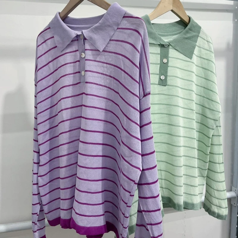 针织拼接防晒条纹常规款长袖T恤常规失序混搭风女士