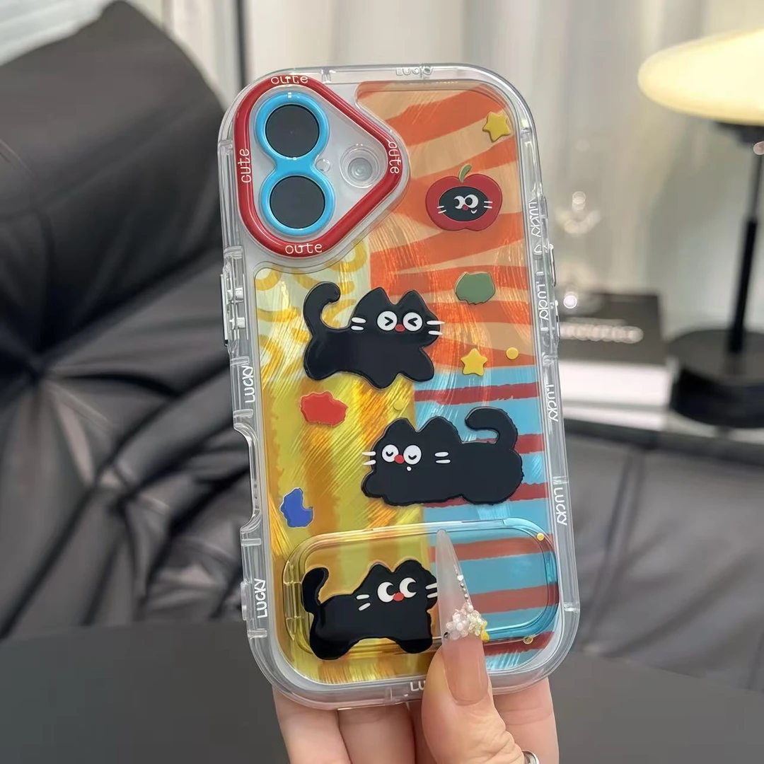 拼接撞色黑猫支架适用苹果16promax手机壳15华为vivo小米14oppo套
