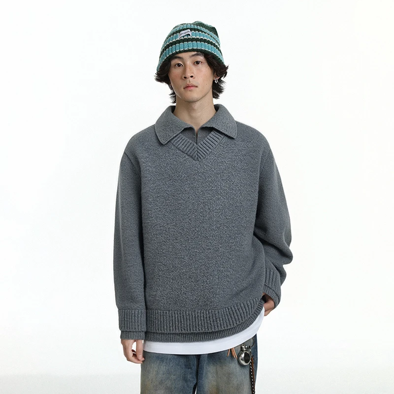 美式复古老钱风亨利领假两件绞花工艺基础宽松百搭简约文艺风059