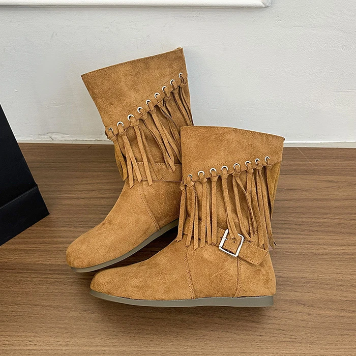 卓诗尼【断码清仓】粗跟复古西部牛仔靴女2025新款穿搭时尚中筒流苏