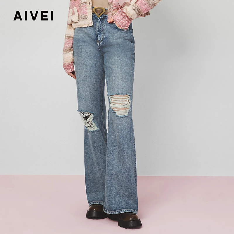 AIVEI欣贺艾薇春季设计感高街春游破洞微喇纯棉牛仔裤C712506B