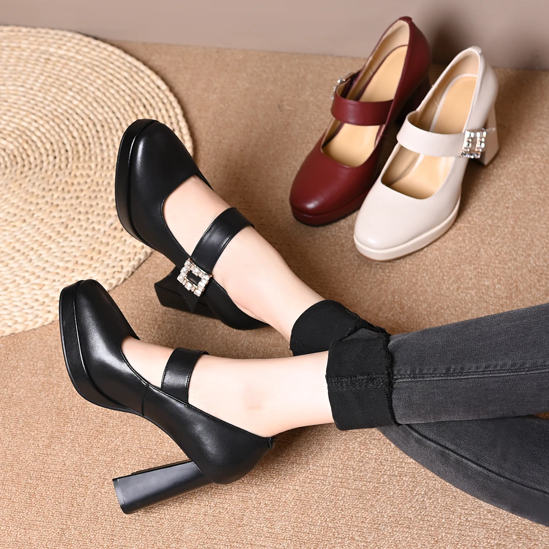 高跟鞋女鞋2025春秋季新款英伦风百搭尖头防水台粗跟舒适软皮单鞋