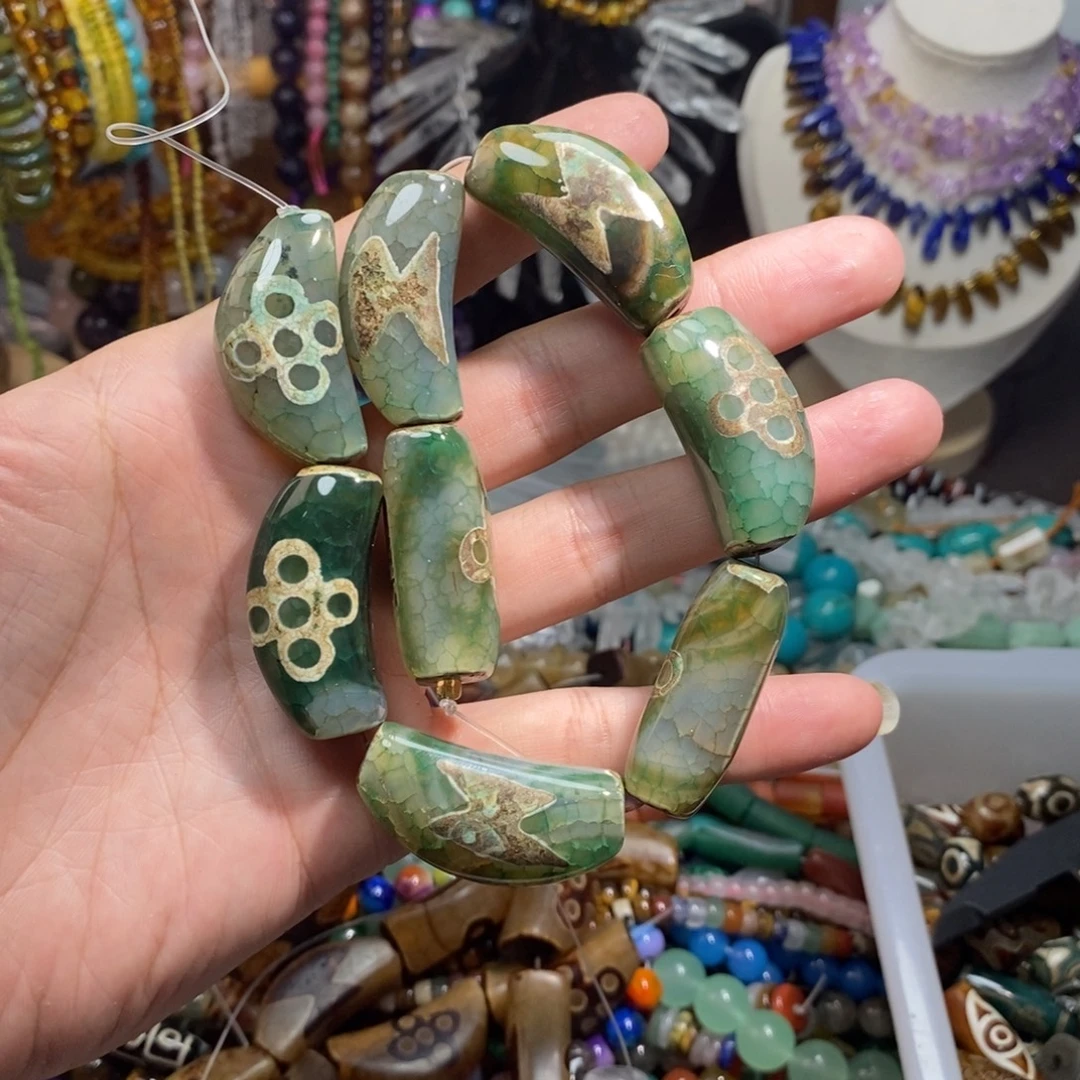 未镶嵌，2个天珠老玛瑙勒子20×39mm，石英质玉