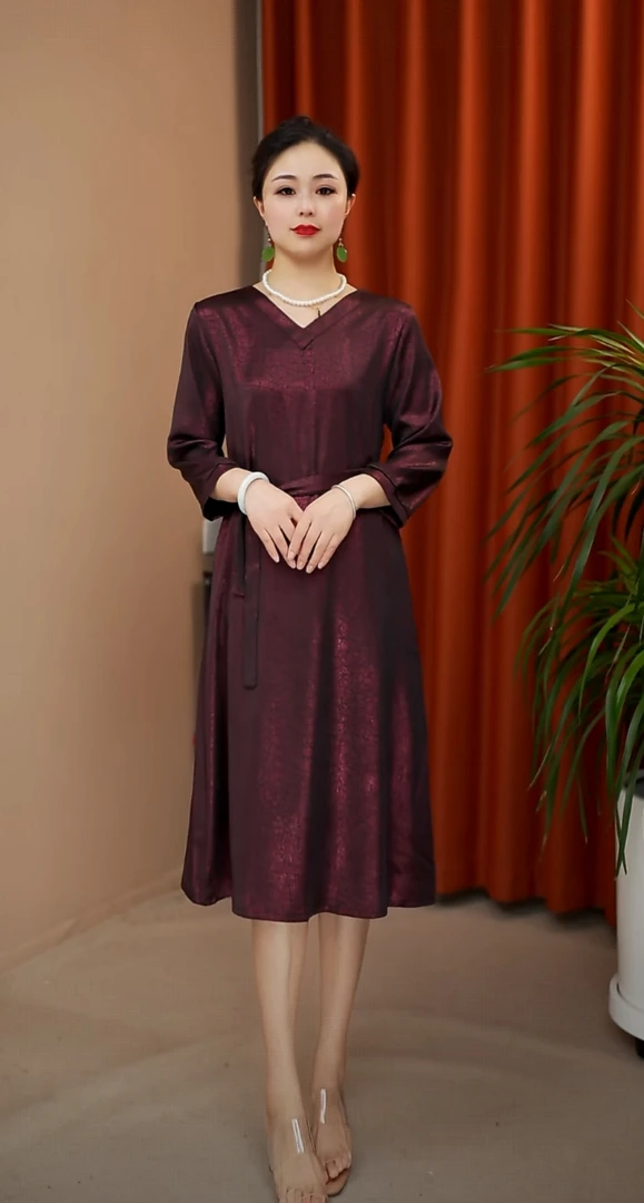 红紫YJ3898 妈妈装中长款龟裂纹连衣裙
