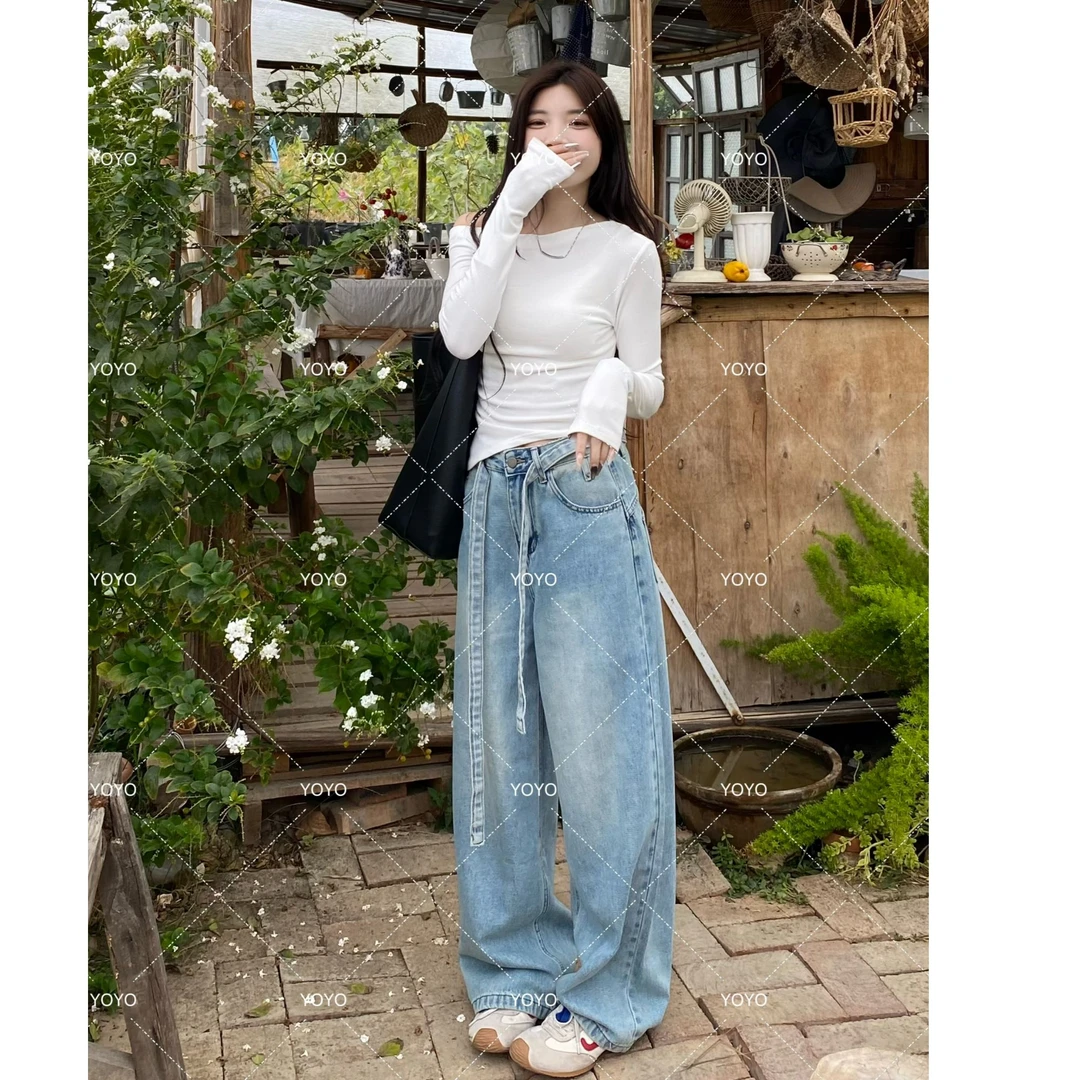 YOYO自制【飘带阔腿】春夏2025新款水洗腰带牛仔阔腿拖地裤