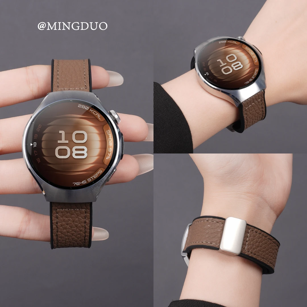 鸣铎适用华为watch5表带watchgt6荔枝纹皮硅胶gt5/4秋冬高级3男女
