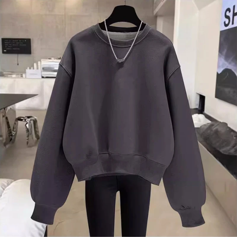 2025新款春秋冬薄款美式休闲灰色上衣宽松长袖圆领套头卫衣女加绒