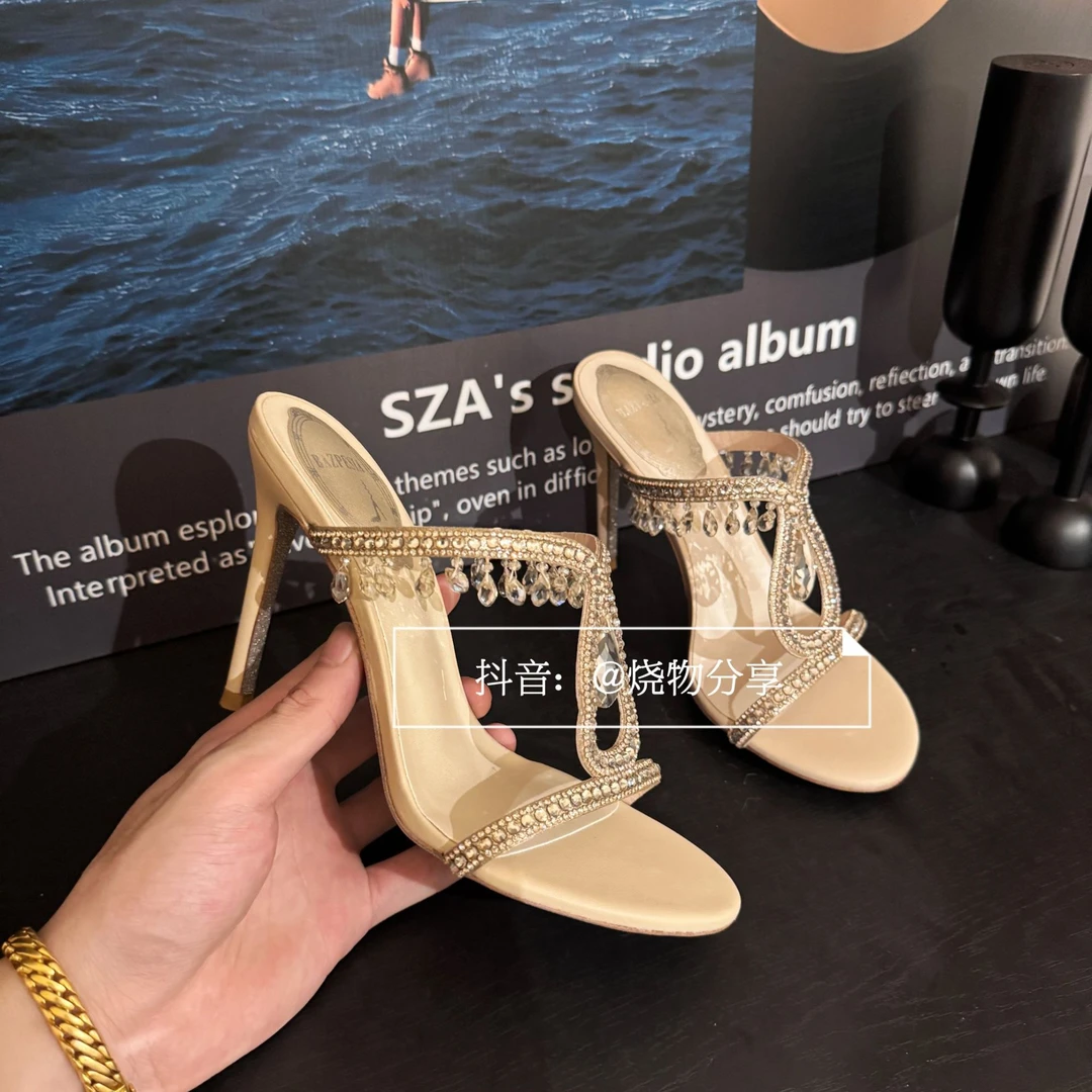 【真诚缘】流苏水晶灯水钻凉鞋女2025新款气质高跟鞋外穿半拖鞋细跟