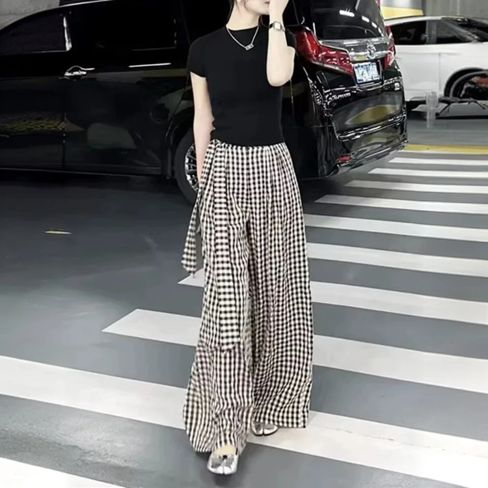 高级感高腰直筒黑白格子裤女韩版显瘦百搭宽松休闲飘带棋盘格裤子