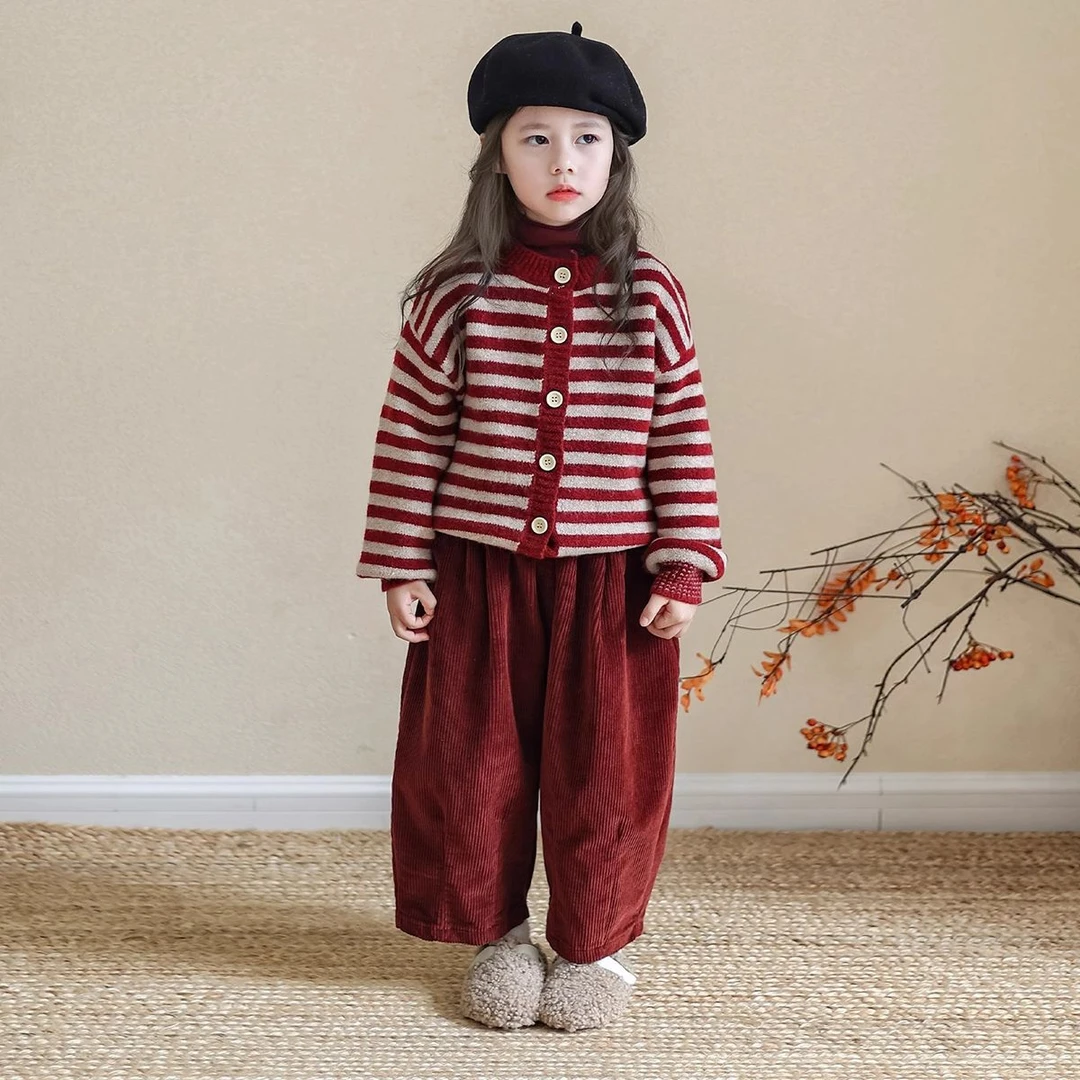 女童毛衣条纹圆领长袖韩版童装洋气秋冬春秋加厚休闲针织直筒裤女