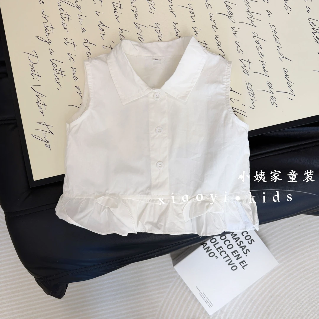女童夏季新款无袖上衣洋气女宝宝翻领背心薄款荷叶边T恤