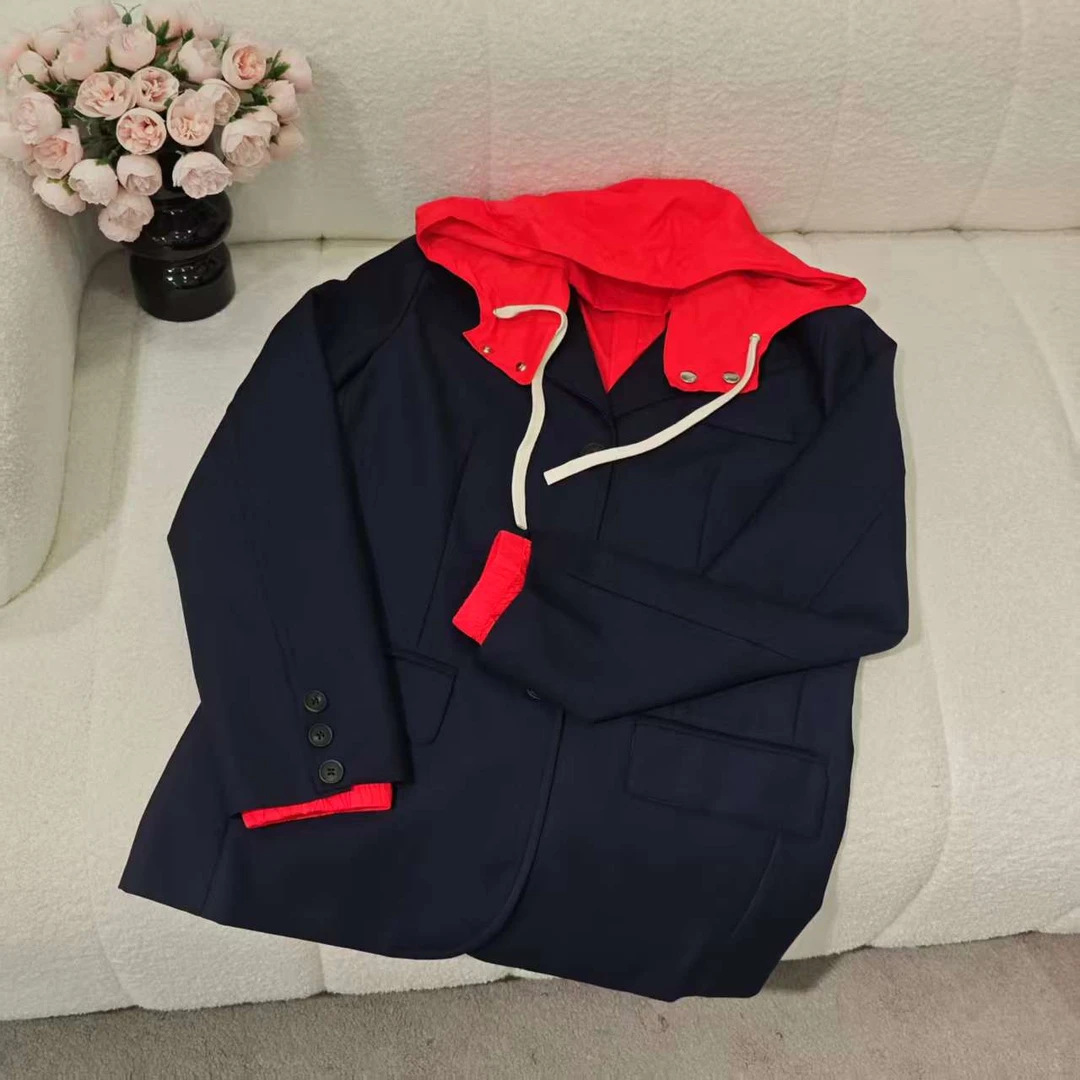 5711时尚红帽拼接西装外套秋款常规西装休闲外套