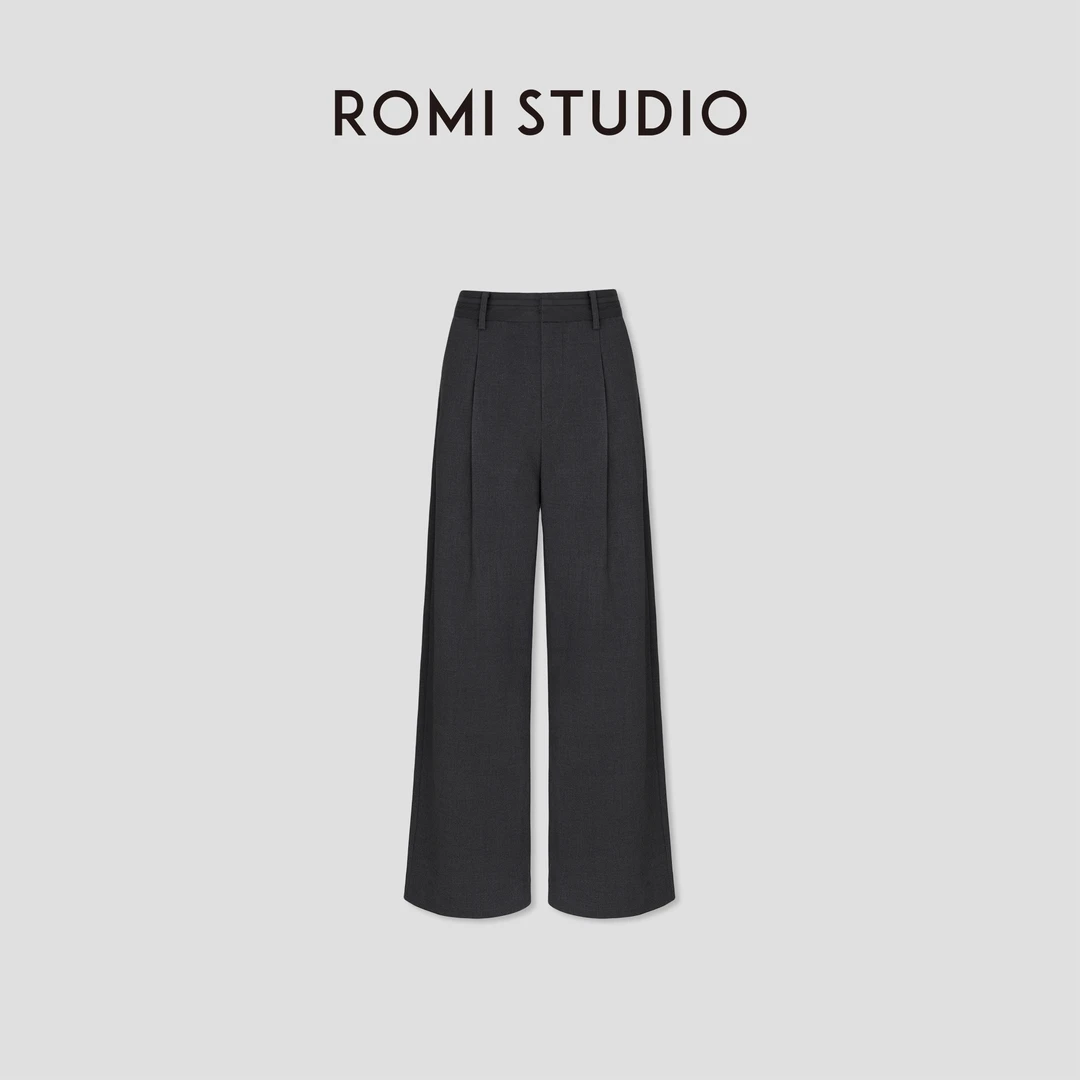 ROMI STUDIO“率性优雅”高克重内磨毛微弹高腰阔腿休闲裤 431KS050
