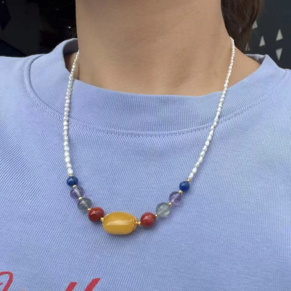 【晓荷】「设计款多宝」蜜蜡南红keshi珍珠精工S925银项链·多样性发一