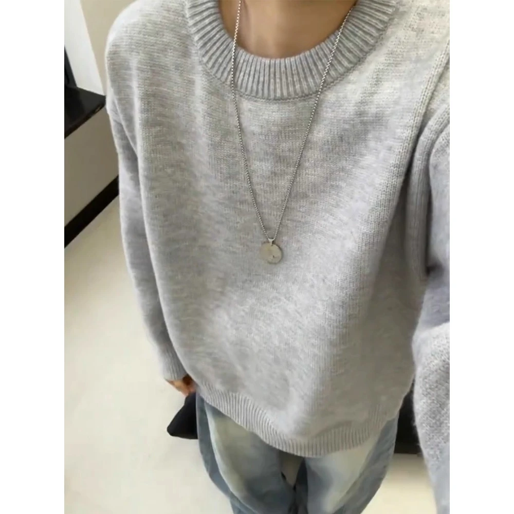 浅灰色cleanfit圆领毛衣男款秋冬高级感内搭可外穿加厚保暖针织衫