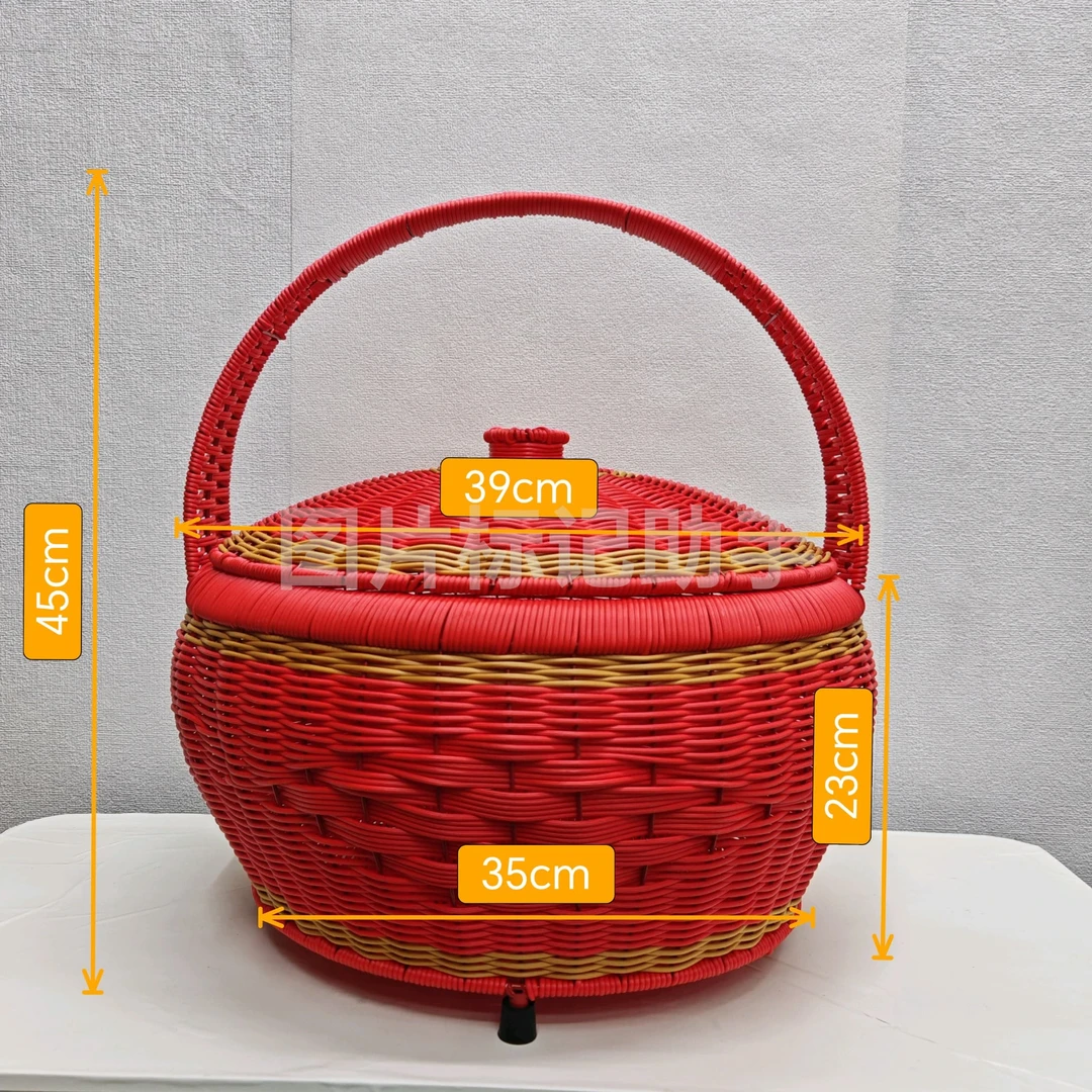 红色圆口圆底(+脚)特大一层）拜拜篮野餐篮结婚喜事非遗手工仿藤编