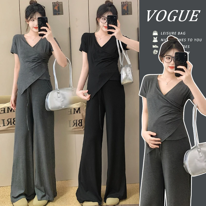 孕妇夏季不规则v领T恤阔腿裤舒适休休无托腹抽绳阔腿裤外穿套装