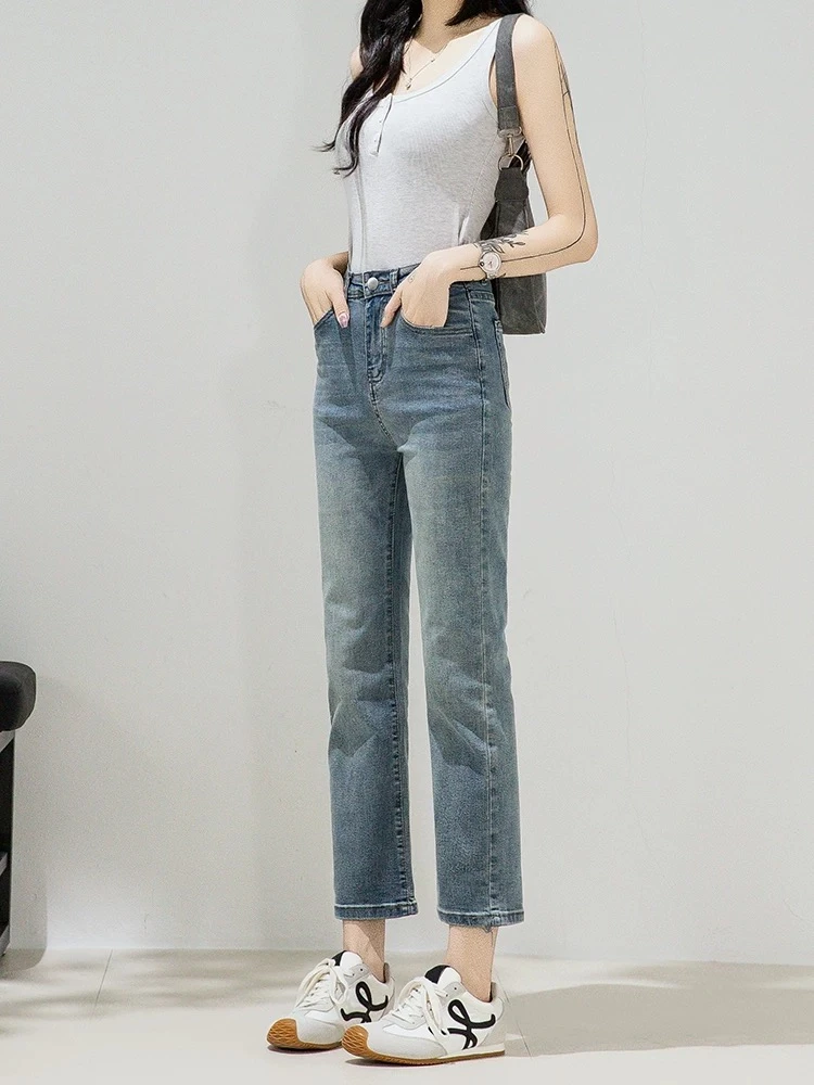 1925款浅蓝色九分直筒女小个子窄版烟管裤