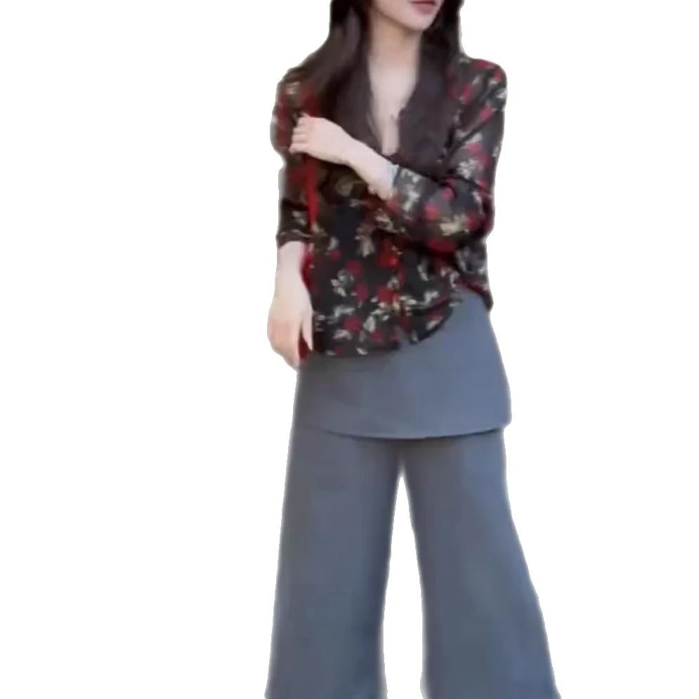 2025夏季新款长袖防晒花衬衫带屁帘阔腿裤时尚女休闲减龄碎花