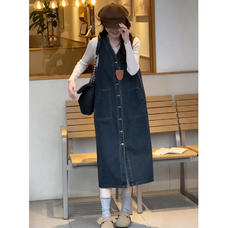 牛仔背心连衣裙套装女早春装2025新款穿搭宽松遮肉显瘦长裙两件套