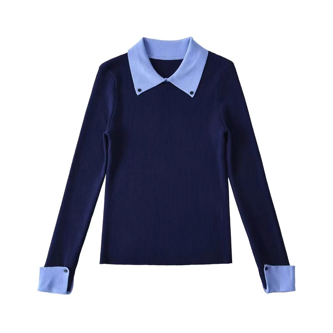 常规款针织毛衣针织毛复古长袖针织衫女装假两件打底拼接翻领