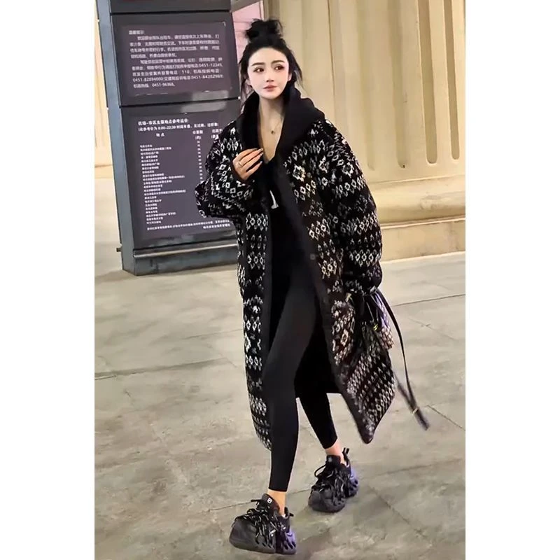 欧洲站2025冬季新款韩系休闲百搭宽松过膝中长款气质连帽外套潮