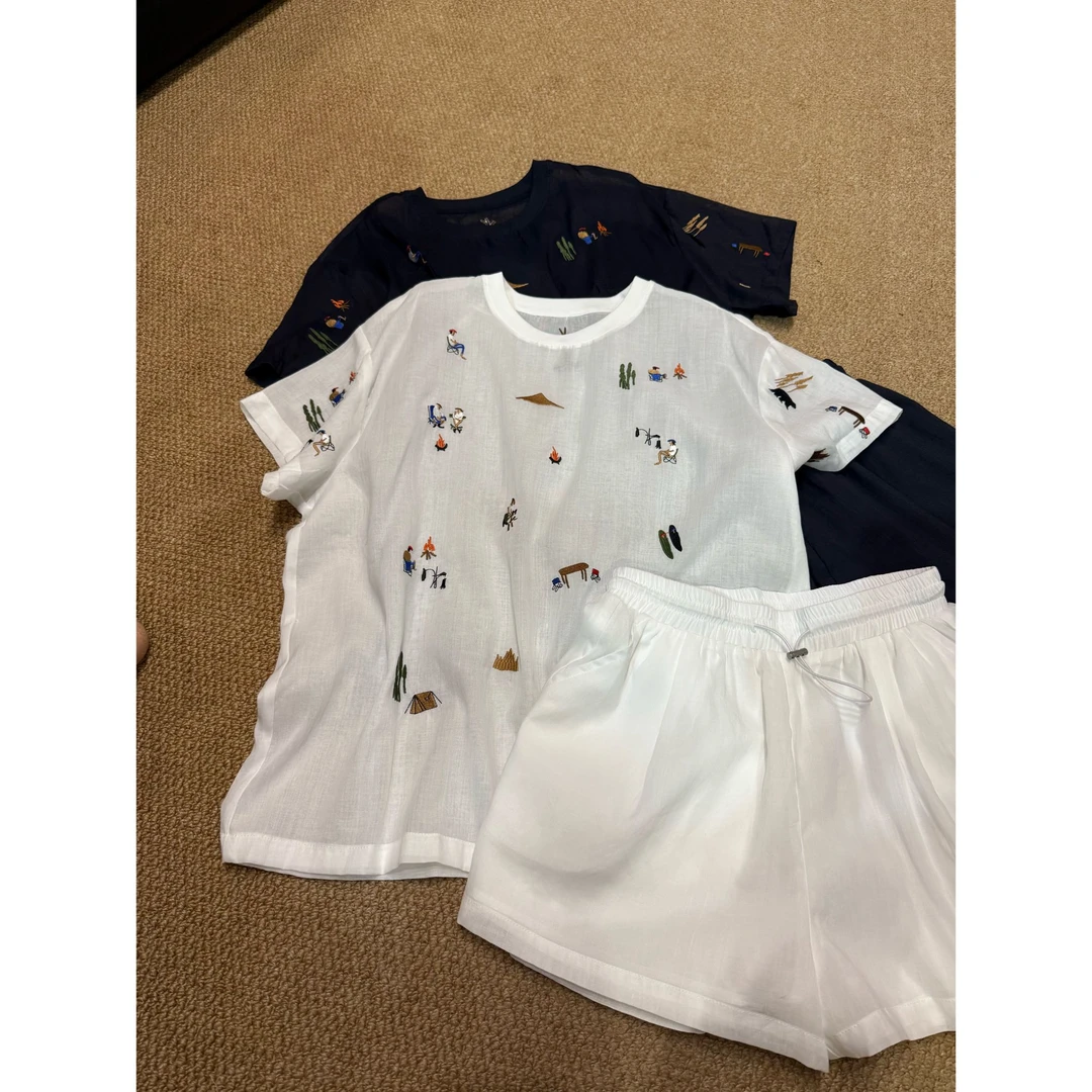 2025夏款新品【设计感100%苎麻 卡通刺绣套装短裤+上衣】
