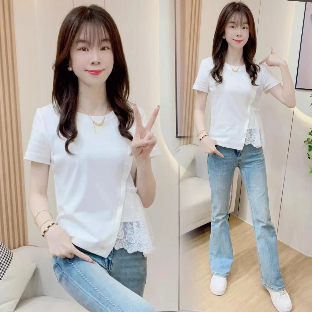 2025夏季新款设计感不规则蕾丝拼接洋气白色上衣正肩短袖T恤女装