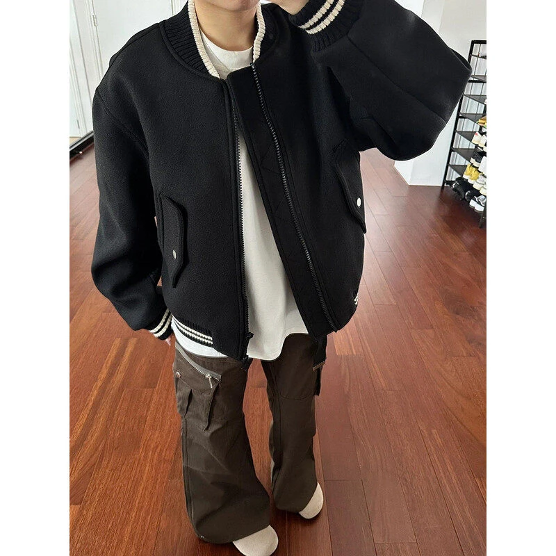 美式高街休闲毛呢棒球服男秋冬季潮牌宽松复古高级感短款夹克外套