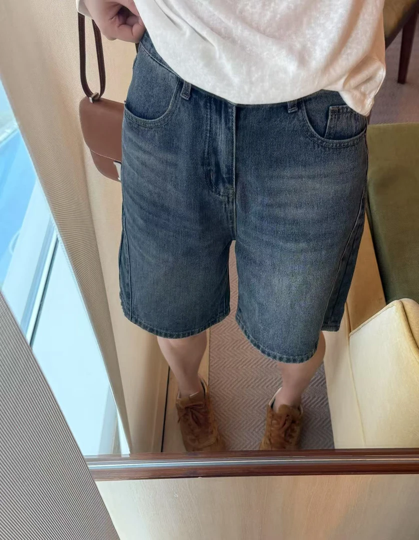 Sevbasks 七七家韩版 特调复古深蓝磨白水洗设计层次五分短裤