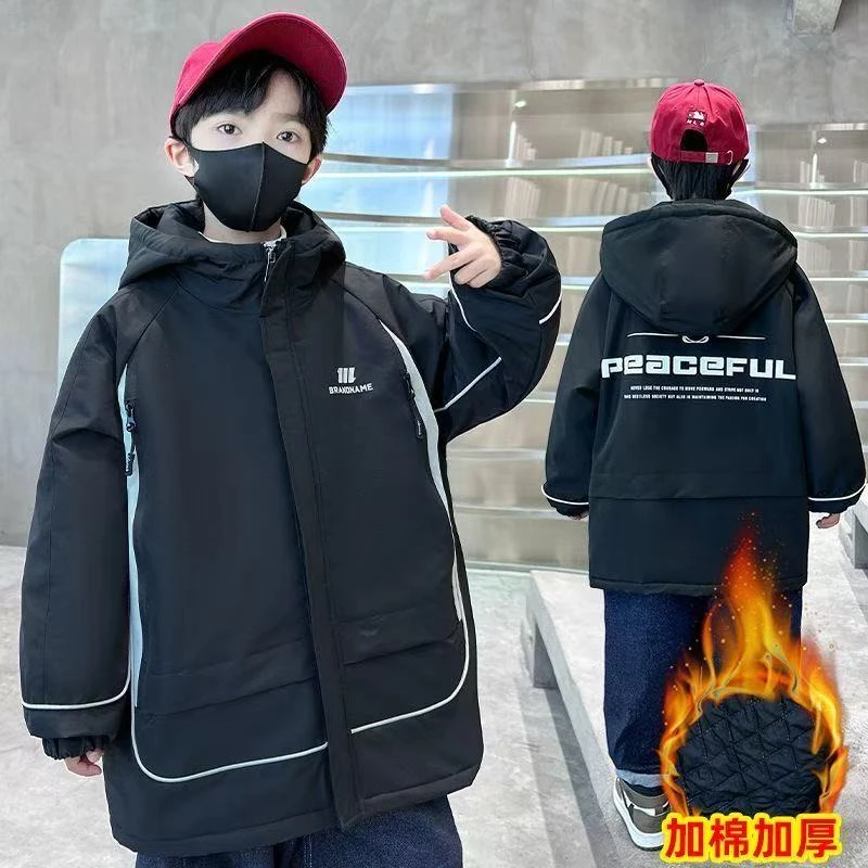 F00492男童秋冬夹棉加厚防水冲锋衣棉服外套2025年新款中大童童装