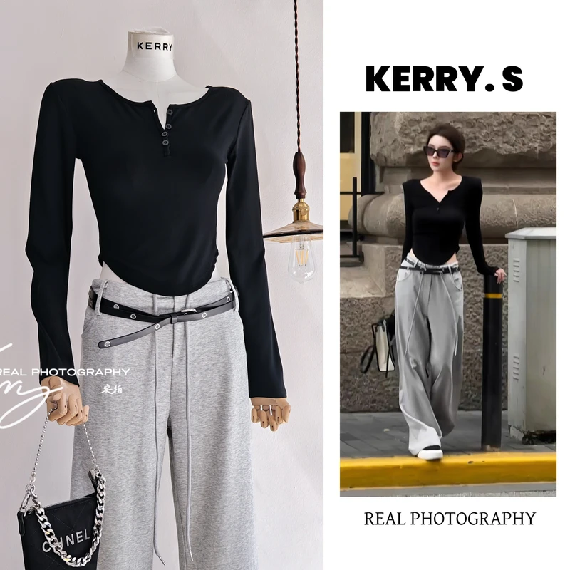 入秋松弛感 2025早秋黑色长袖t恤打底衫女宽松显瘦休闲裤两件套