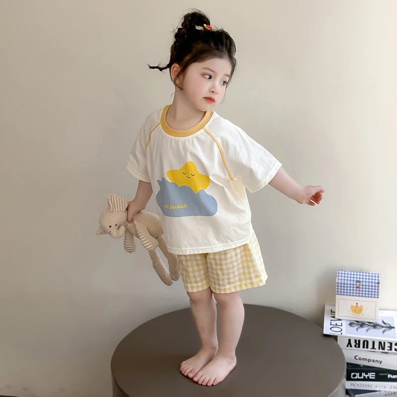 儿童睡衣女童夏季薄款纯棉短袖短裤卡通可爱女孩中小童家居服套装