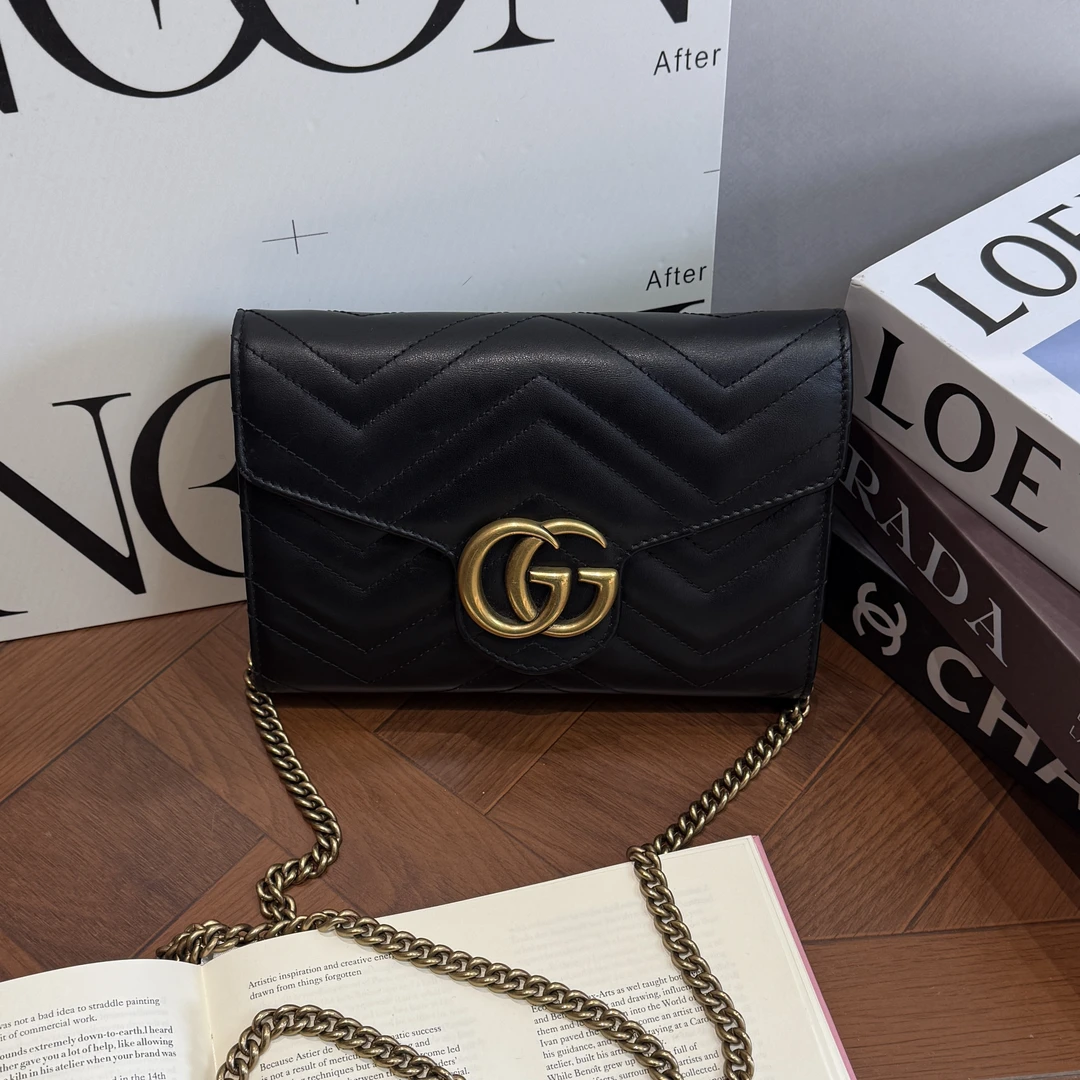 99新 GUCCI/古驰 马蒙信封包 黑金 牛皮 链条包