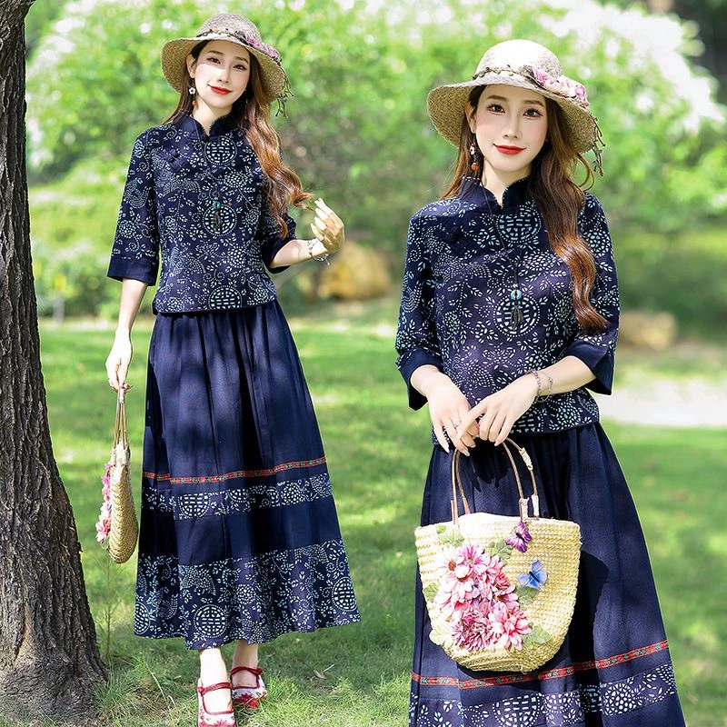 哥弟阿玛施正品中国风复古印花上衣两件套民族风七分袖春夏棉