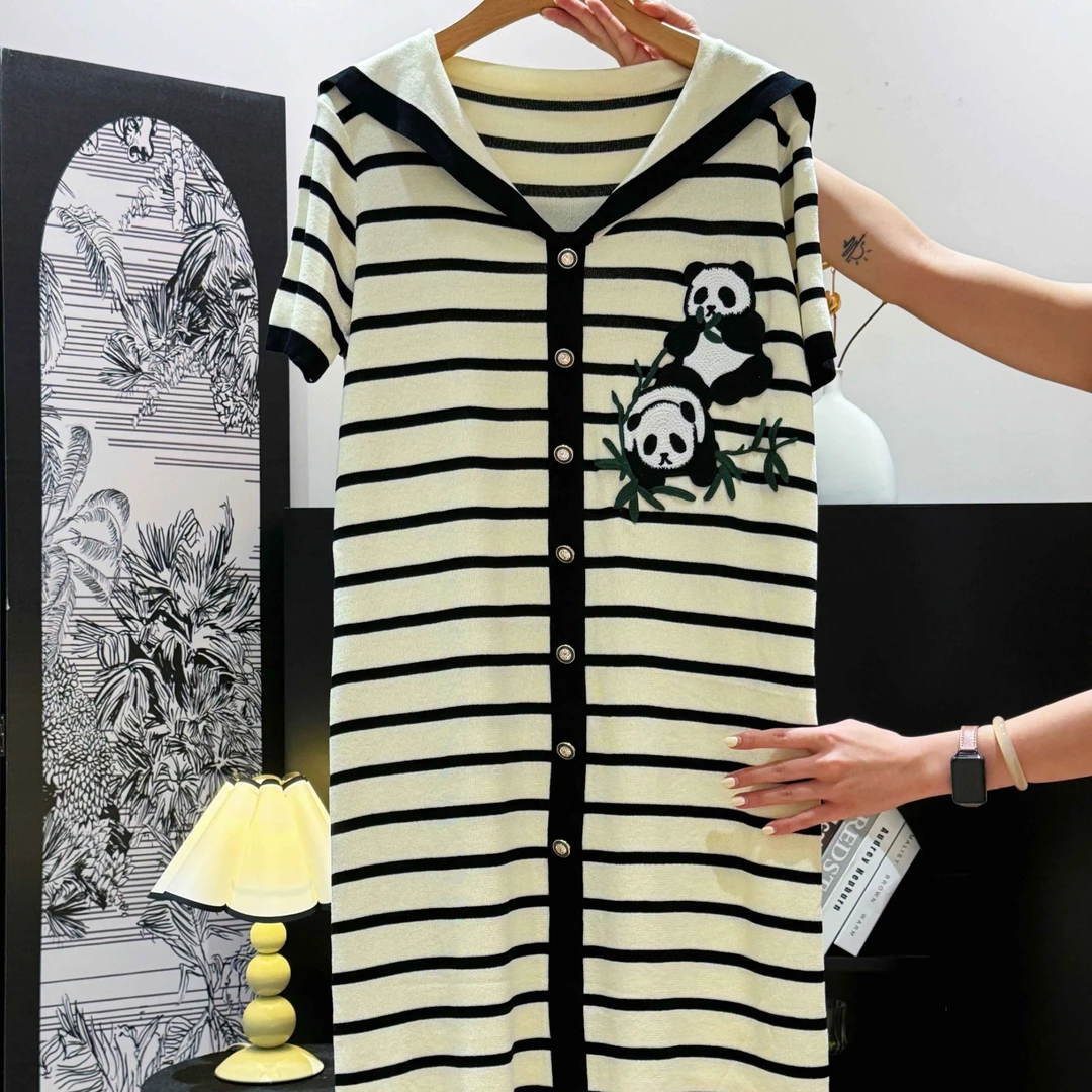 可爱熊猫条纹宽松夏季时尚透气连衣裙休闲减龄裙DP7898