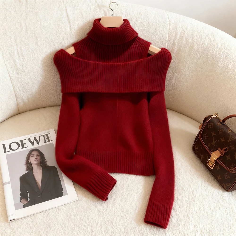 今年流行爆款穿搭韩系减龄显瘦上衣女堆堆领套头红色慵懒感针织衫