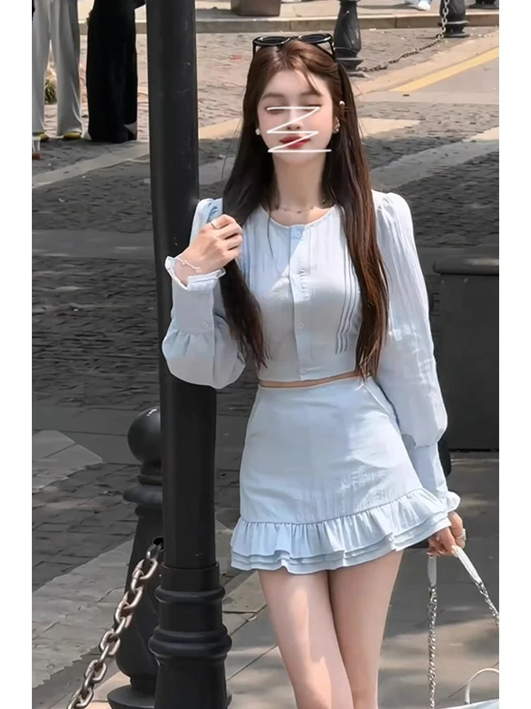 【蓝鲸之恋】夏季新款绝美小香风气质穿搭衬衫上衣A字短裙两件套女