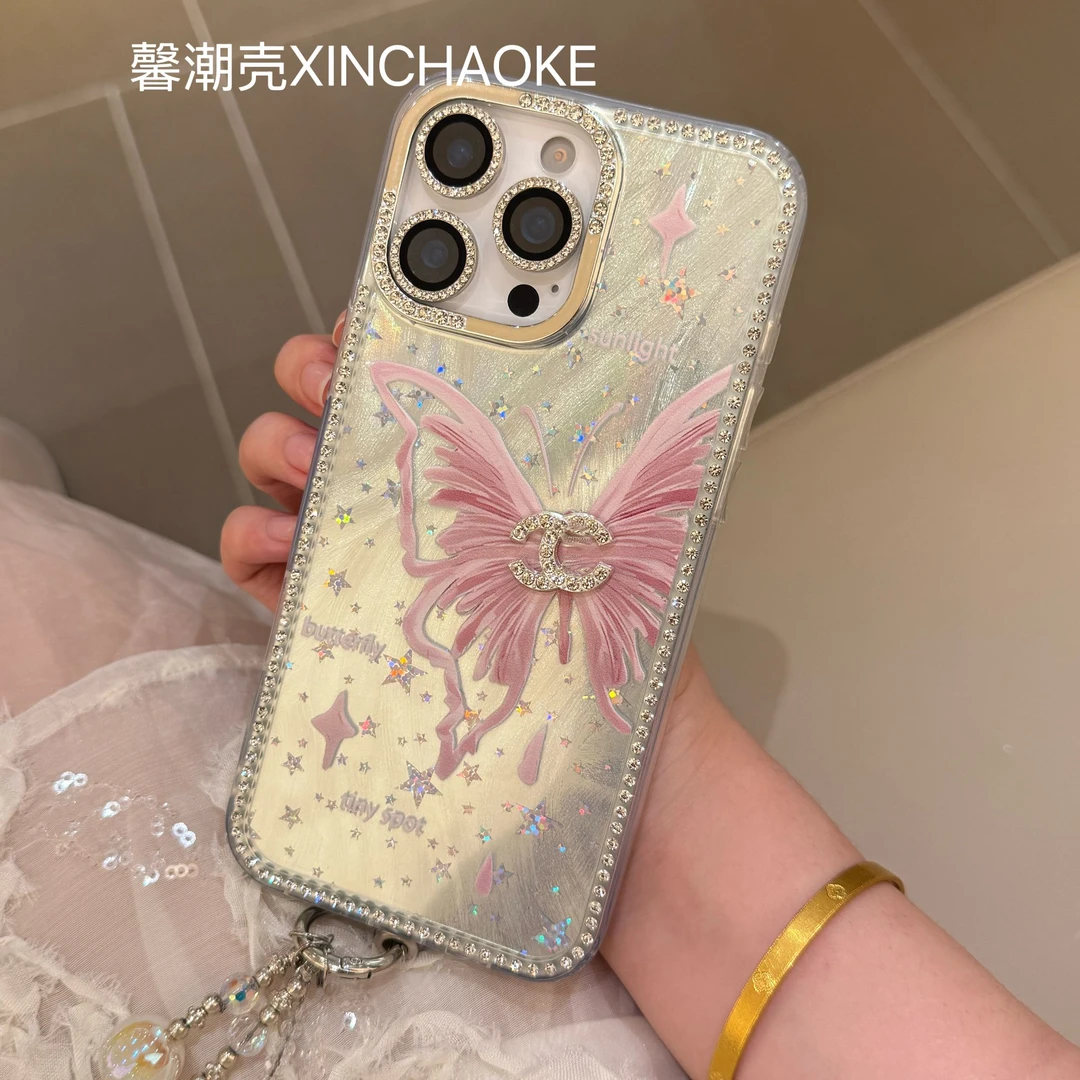 【温柔粉蝴蝶-郁金香】适用苹果16promax/15/14/13高级全包边手机壳