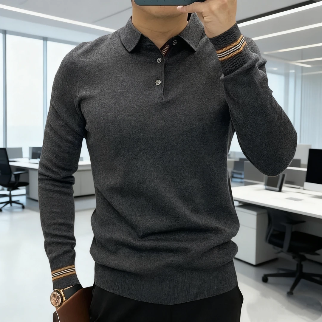 欧货秋冬新款商务翻领针织纯色修身时尚百搭Polo衫长袖上衣打底衫