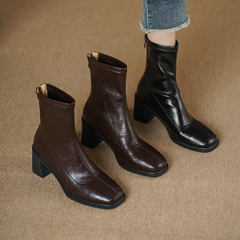 2025年新款春秋单靴子粗跟时尚复古百搭弹力瘦瘦靴气质高跟短靴女