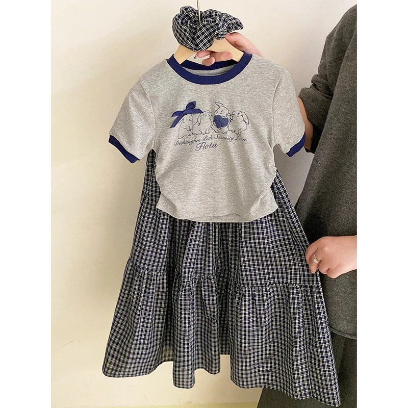 女童格子裙套装夏季新款儿童休闲夏装韩版女孩短袖T恤两件套0569