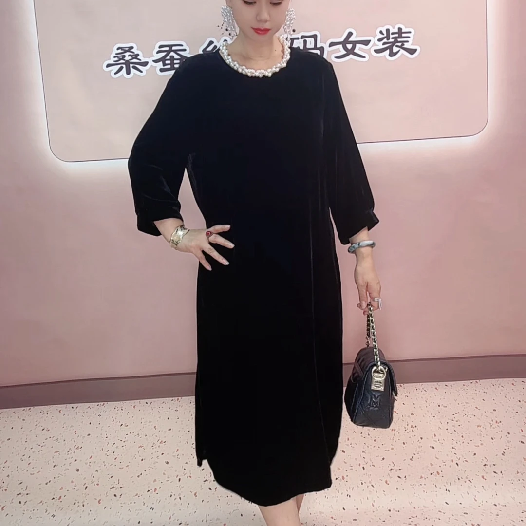 贵妇人时尚气质秋冬黑色圆领真丝丝绒优雅中长款旗袍款连衣裙