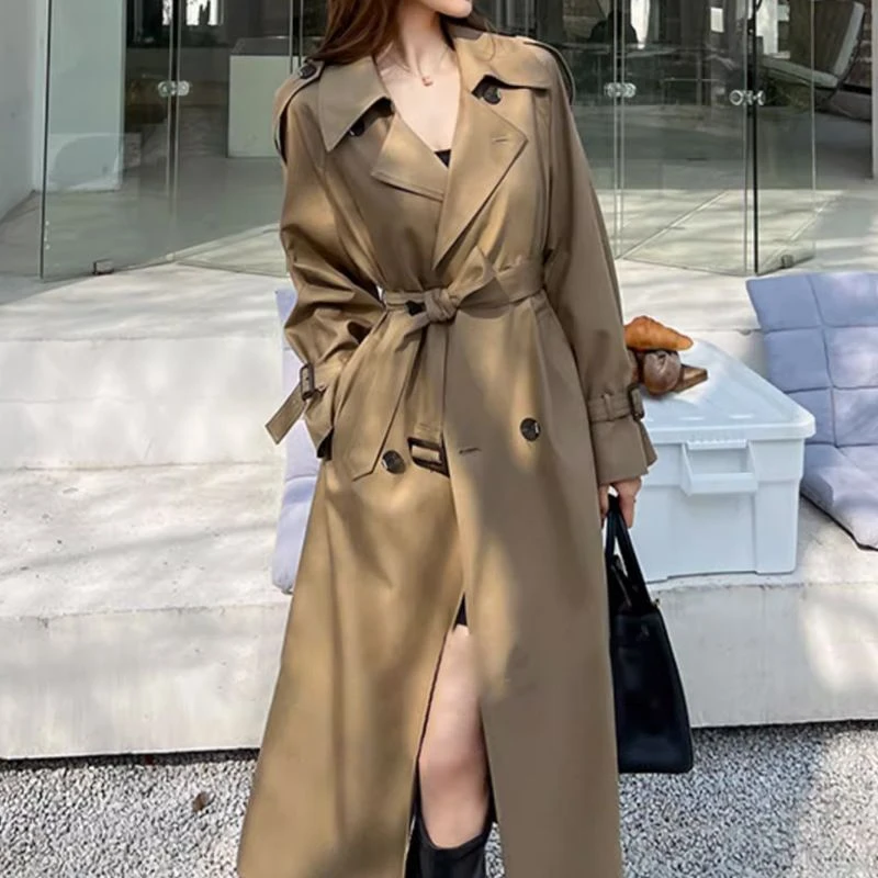 2025春秋新款大码英伦风衣外套女胖mm韩版宽松休闲过膝长款大衣潮