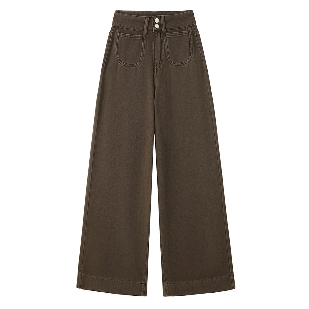 美式复古咖色阔腿牛仔裤女秋冬新款高腰宽松显瘦垂感直筒拖地裤子