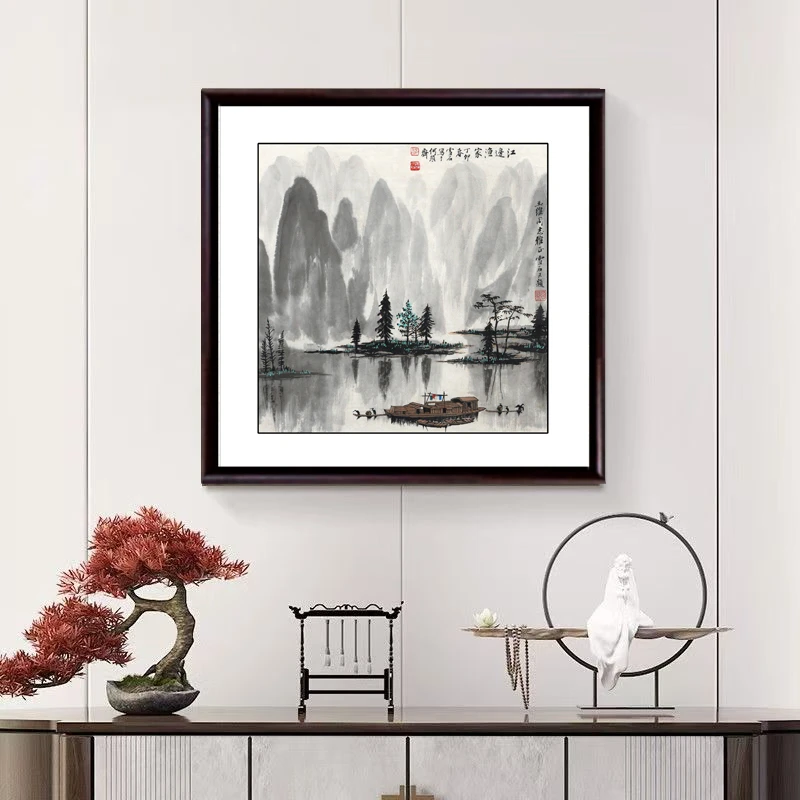 【江边渔家】斗方新中式装饰画实木框字画装裱