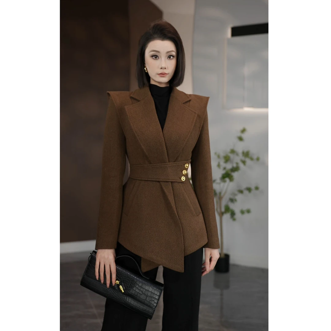 慧老板【焦糖女王】新款秋冬加棉时尚收腰显瘦女咖色毛呢外套35488