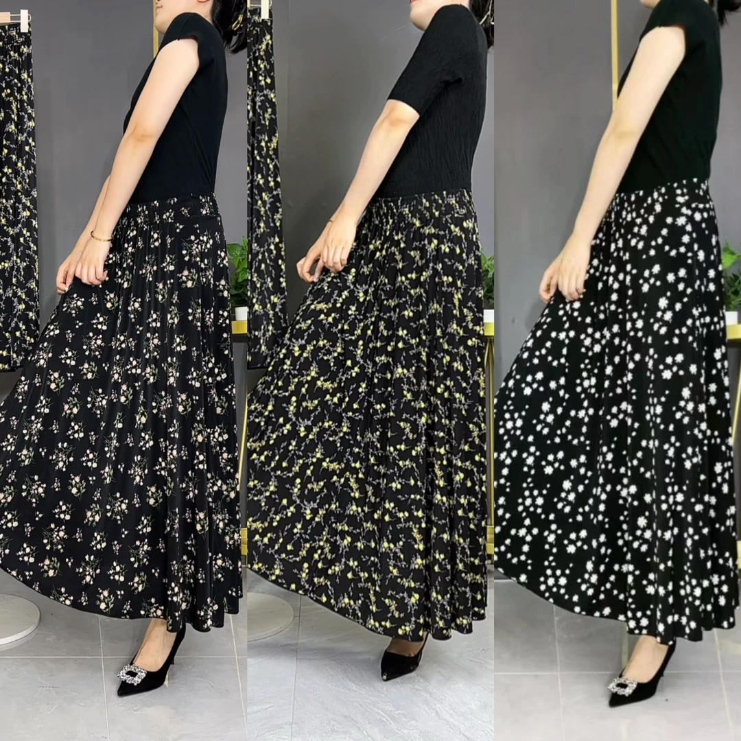 夏季薄款垂感碎花裙山茶花碎花显瘦百搭松紧腰半身裙