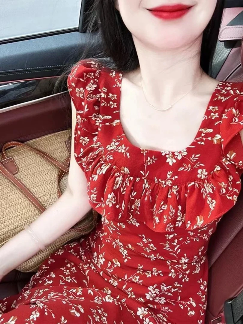 高级感法式红色连衣裙子女装2025新款夏季气质收腰小个子绝美长裙