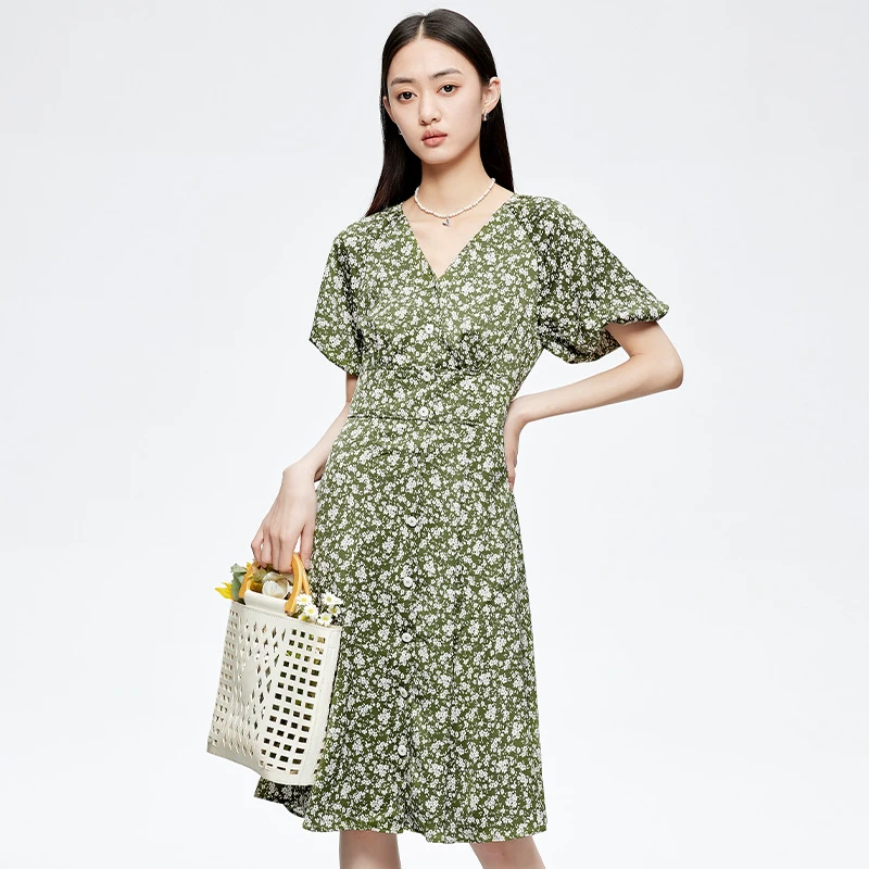 V领泡泡袖碎花裙女元气少女连衣裙152C1204